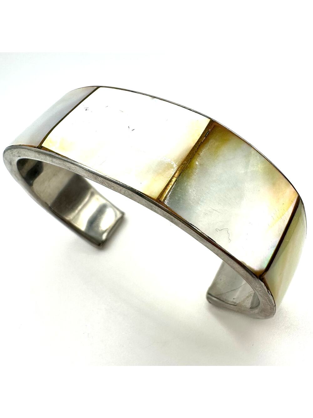Vintage iridescent abalone mother of pearl semiprecious brass cuff bracelet